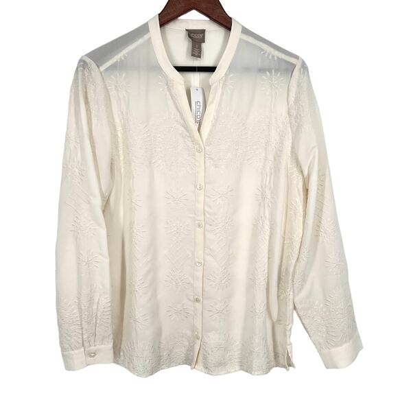 Chico's Tops - NEW NWT Chicos Embroidered White Long Sleeve Blouse Shirt Top Slightly Sheer